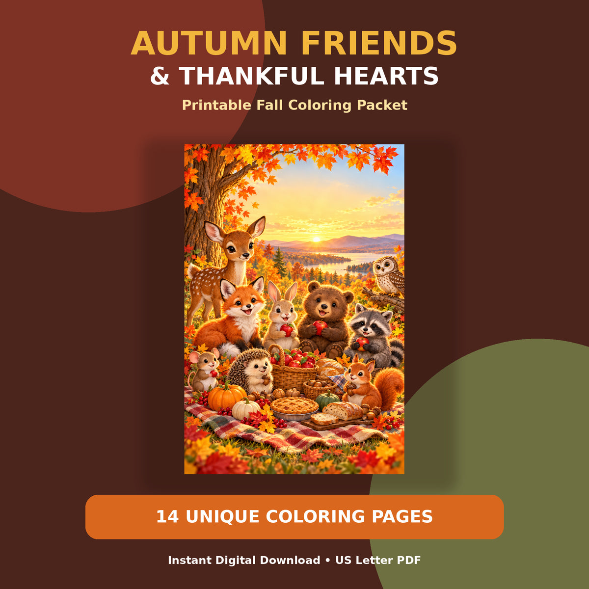 Autumn Friends & Thankful Hearts | Fall Coloring Pages Printable PDF