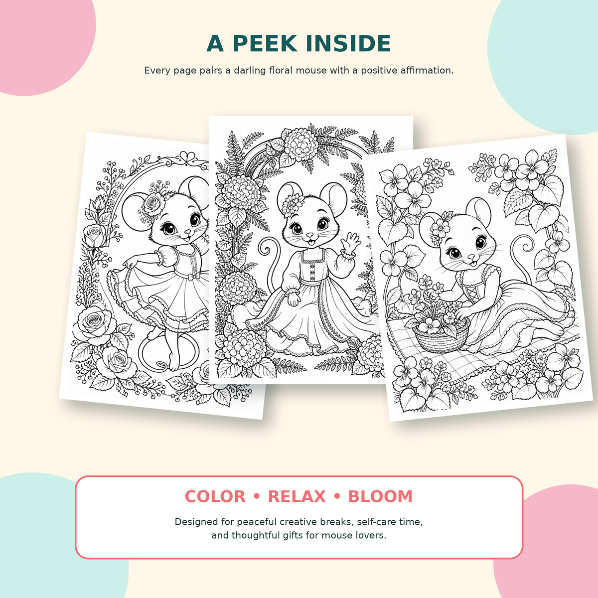 Little Mouse, Bright Heart | Daily Affirmation Coloring Pages Printable PDF