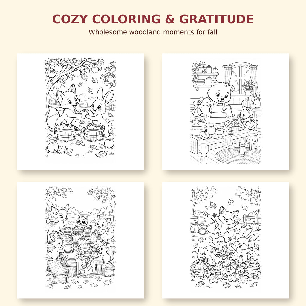 Autumn Friends & Thankful Hearts | Fall Coloring Pages Printable PDF