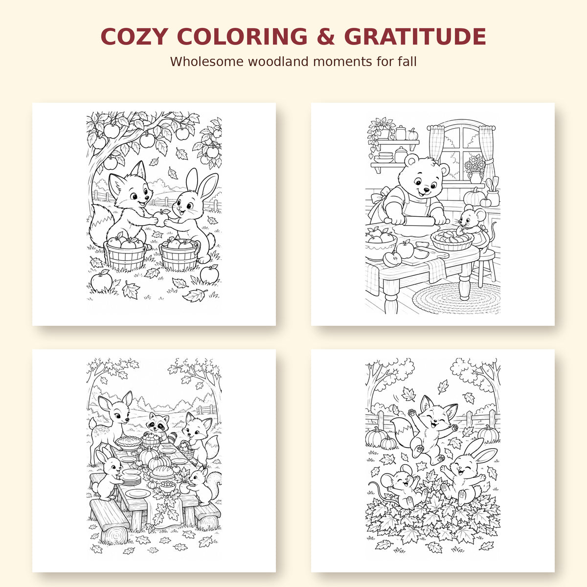 Autumn Friends & Thankful Hearts | Fall Coloring Pages Printable PDF